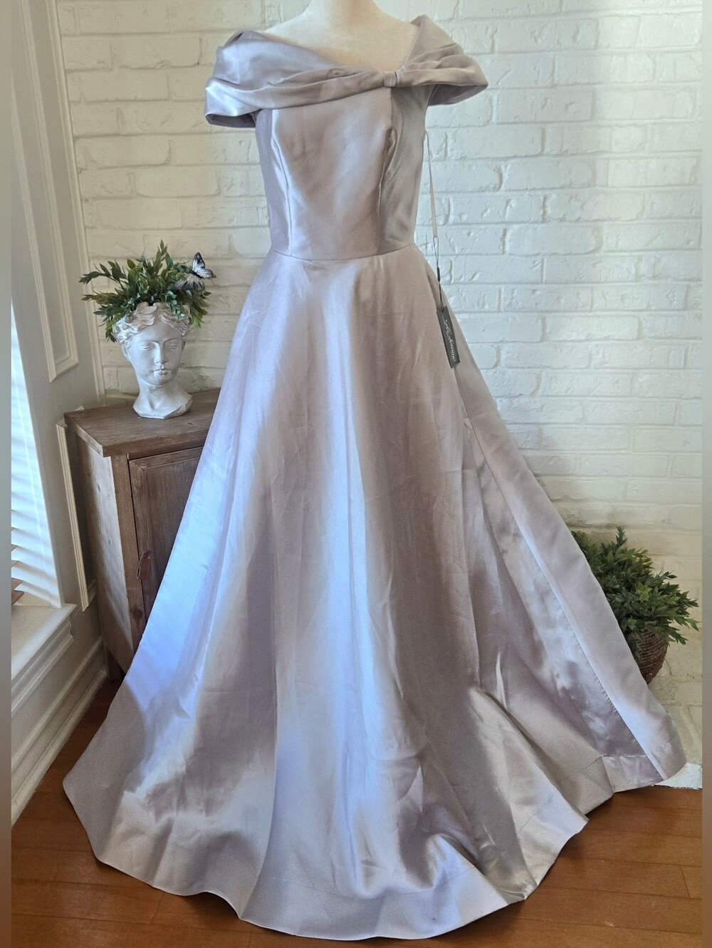 NWT La Femme Silver Satin Ball Gown With Pockets, Portrait Neckline, 6/S
